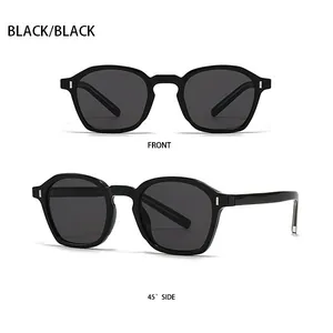 Detail view of black vintage sunglasses with silver vertical metal accents on temples