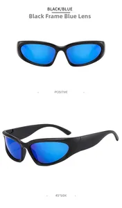 Detalle de gafas de sol deportivas negro mate con lentes reflectantes azules y ángulos