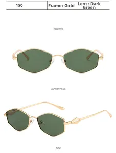 Vorder- und 45-Grad-Ansicht der goldenen Sechseck-Sonnenbrille mit dunkelgrünen Gläsern