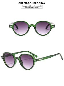 Detail view of transparent green round sunglasses with silver rivets and gradient gray lenses