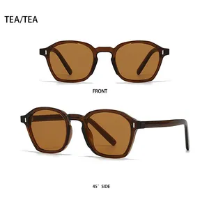 Front and 45-degree side views of square tea sunglasses with silver rivet accents