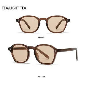 Detailed front and 45-degree side views of retro tea colored sunglasses with silver rivets