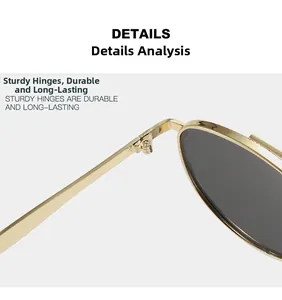 Macro detail of the sturdy golden metal hinges and durable frame of these sunglasses