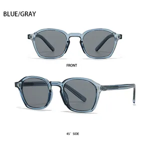Detailed view of translucent blue acetate frame sunglasses with grey polarized lenses