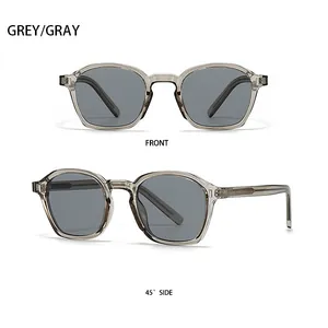Front and 45-degree side macro view of translucent grey retro sunglasses with dark lenses
