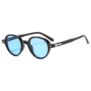 Classic round retro sunglasses with black frames, blue lenses and silver hinge accents