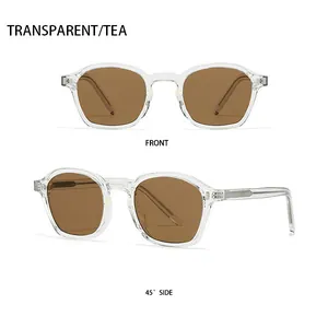 Front and 45-degree angle view of vintage square transparent tea resin sunglasses