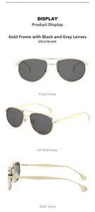 Detail view of gold aviator sunglasses with dark grey lenses in multiple angles