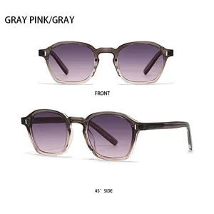 Front and side view of gradient gray and pink fashion sunglasses with purple lenses