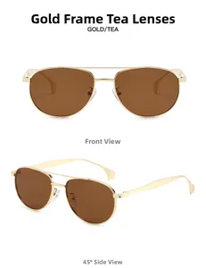 Front and 45-degree side views of gold metal aviator sunglasses with brown tea lenses