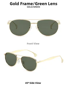 Front and 45-degree angle view of pilot sunglasses with gold metal frame and green lenses