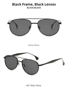 Dual-beam aviator sunglasses with black metal frame and grey lenses in front and side views