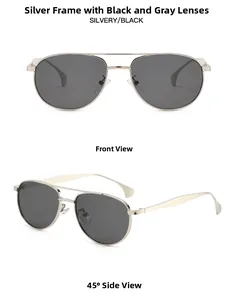 Front and 45-degree angle detail of silver pilot sunglasses with dark grey lenses