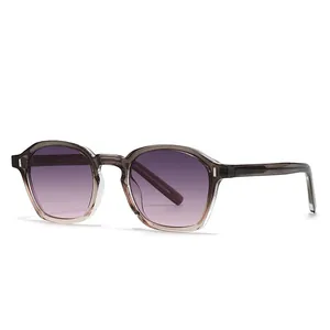 Retro sunglasses with translucent grey frames and purple gradient lenses for women