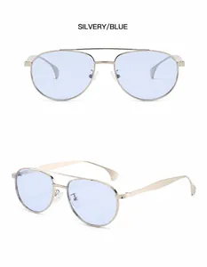 Detail of silvery aviator sunglasses with blue lenses showing front and side views