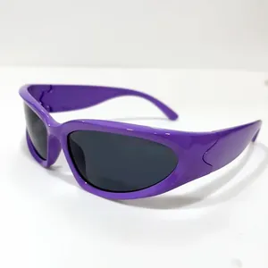 Detail view showing thick carved temples and purple wrap frame of sporty sunglasses