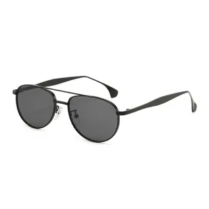 Classic black metal frame aviator sunglasses with dual-bridge and dark polarized lenses