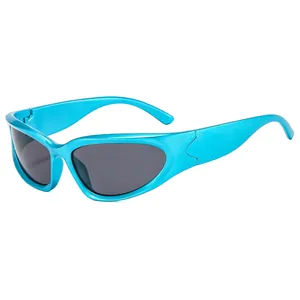 Y2K style electric blue wrap-around sports sunglasses with grey lenses for outdoor wear