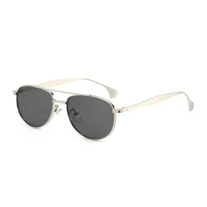 Classic aviator sunglasses with silver metal frame and dark grey polarized lenses