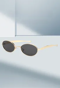 Detailed close-up of golden oval metal sunglasses frames with premium dark lenses