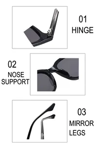 Detailed views of the metal hinges, integrated nose pads, and sleek black sunglasses temples