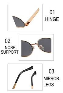 Détails des charnières, plaquettes de nez et branches de lunettes de soleil ovales