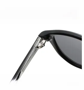 Close-up of durable metal hinges and transparent temple arms on retro polarized sunglasses