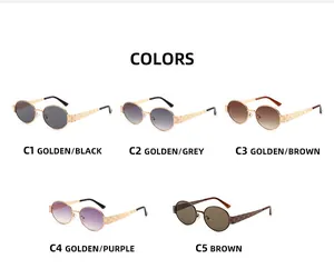 Détail des lunettes de soleil ovales en métal vintage en cinq couleurs et textures