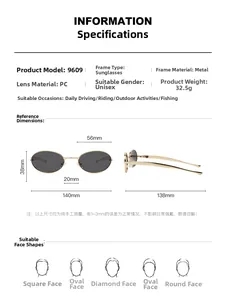 Detailed size chart for 2025 metal oval frame sunglasses including dimensions and materials