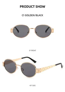 Détails de lunettes de soleil ovales en métal avec branches dorées et verres foncés