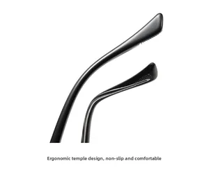 Close-up of ergonomic black sunglasses temples with anti-slip texture and sleek finish