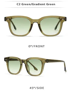 Retro TR90 square sunglasses in translucent green with gradient lenses and metal rivets