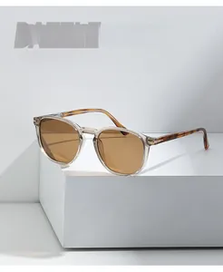 Detail of polarized sunglasses with clear grey frame and tortoiseshell patterned temples