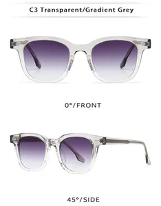 Detail view of retro TR sunglasses in transparent frames with purple gradient lenses