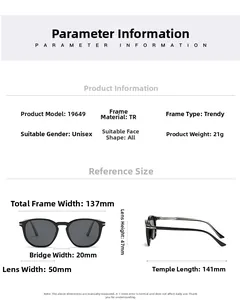Detailed size guide for retro polarized sunglasses showing frame dimensions and TR material