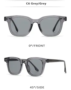 Detail view of grey TR frame sunglasses with metal hinges and high-quality grey lenses