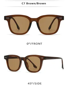 Retro square brown sunglasses with C7 frame and decorative double metal rivets detail