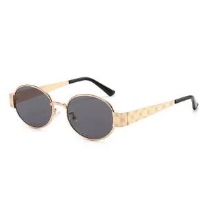 Lunettes de Soleil Ovales en Métal Vintage pour Femmes Branches à Relief Fleuri Rétro Protection UV400 Mode Luxe