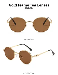 Detail of round gold metal sunglasses with tea lenses and interlocking hollow hinge