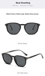 Front and 45-degree views of black polarized sunglasses with gold metal accents