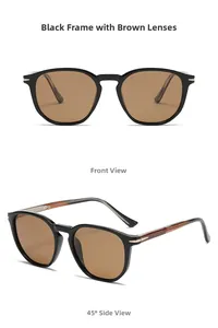 Detail of polarized sunglasses with black frame, tea temples and lenses for UV protection