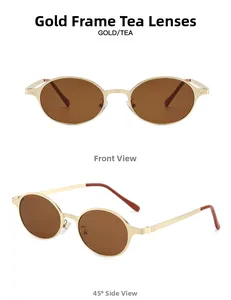 Detailansicht der ovalen Retro-Sonnenbrille mit goldenem Metallrahmen und Teeglas-Gläsern