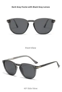 Front and 45-degree views of dark gray polarized sunglasses with gold metal accents