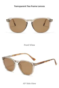 Detail view of transparent tea frame sunglasses with polarized lenses and metal accents