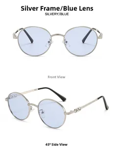 Detail view of retro round sunglasses showing silver metal frames and light blue lenses