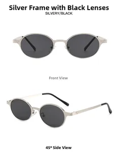Vorder- und Seitenansicht der Vintage-Sonnenbrille aus silbernem Metall mit grauen Gläsern