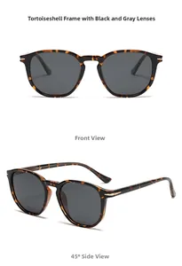 Front and side view of tortoiseshell polarized sunglasses with grey lenses and gold accents