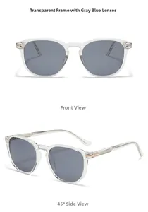Front and side view of retro polarized sunglasses with transparent frames and grey-blue lenses