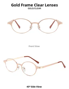 Detaillierte Ansicht der goldenen ovalen Metallbrille mit klaren Gläsern von vorn und seitlich