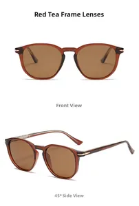 Front and 45-degree side views of retro polarized sunglasses with red tea frames